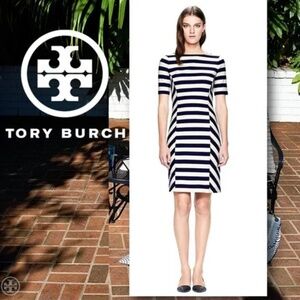 Tory Burch Augusta Blue and White Striped Short-Sleeve Sheath Dress Size L